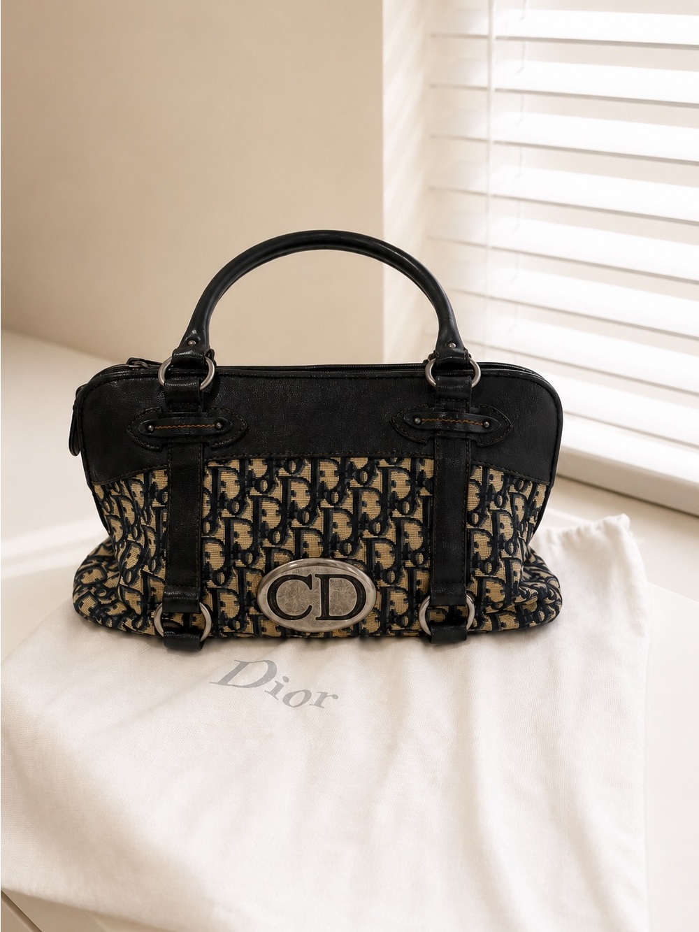 Dior Black and Beige Canvas Top-Handle Tote - CD Logo